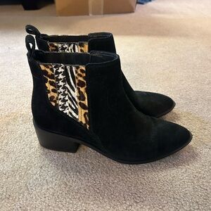Crown Vintage Black Suede Ankle Boots with Animal Print Panels